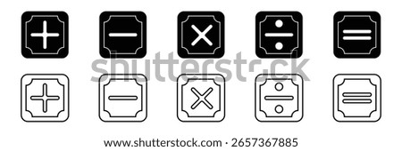 set of plus and minus symbols in circular and square shapes, positive and negative signs, vector black and white icons, geometric symbols for math.   Plus, minus, multiply, divide icon vector set 