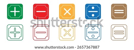 set of plus and minus symbols in circular and square shapes, positive and negative signs, vector black and white icons, geometric symbols for math.   Plus, minus, multiply, divide icon vector set 