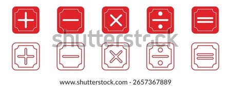 set of plus and minus symbols in circular and square shapes, positive and negative signs, vector black and white icons, geometric symbols for math.   Plus, minus, multiply, divide icon vector set 