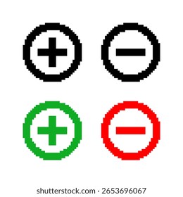 Conjunto de modelos de Mais e Menos no estilo pixel art. Símbolos de operação em preto, verde e vermelho. Adicionar, subtrair, zoom, rótulos. Isolado no fundo branco.