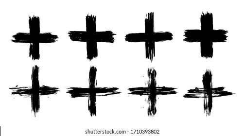 Set of plus signs in grunge style. 8 highly detailed and different crosses. Plus black isolated on white background, vector illustration.