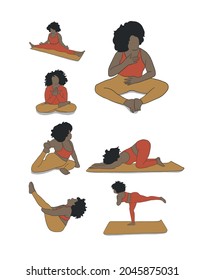 Legen Sie die Größe plus für eine Frau, die Yoga macht. Asana. Fitness und Stretching. Handgezeichnete weibliche Umrisssilhouette. Meditationsgeist. Spirituelles Konzept. 