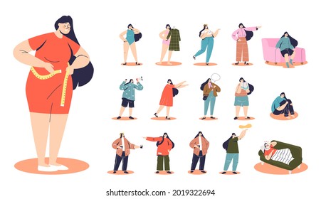 Set of plus size cartoon female measuring waist in different lifestyle situations and poses: lying on sofa sick with flu, walking with backpack, gesturing, in swimsuit Flat vector illustration