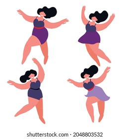 Conjunto de mujeres bailadoras de más tamaño. 4 poses y variaciones en una paleta de colores. Bodypositivo, amor propio