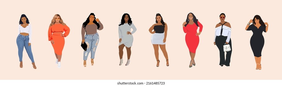 Set of plus size different fashion women. Black beautiful trendy girls wearing street style modern outfit. Cartoon style fashion illustration vector isolated.