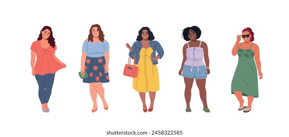 Set of plus size different fashion women.Body positive movement and beauty diversity.Vector cartoon flat style illustration