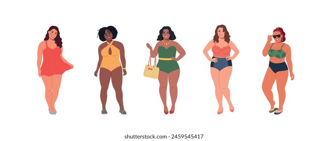 Conjunto de mujeres de moda de talla grande diferentes en bikini aislado. Cuerpo movimiento positivo y la diversidad de la belleza. Ilustración de estilo plano de dibujos animados de Vector