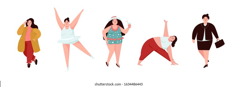 Set of plus size female characters. Collection of vector illustrations of curvy, overweight  women in different styles: business, casual clothes , sports yoga, swimsuit and business suit.
