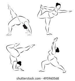 Set of plus size flexible sporty woman doing yoga fitness. Set of various silhouette yoga poses. Body positive. Vector set of yoga illustration, eps 10.