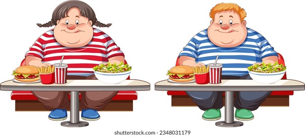 Set of plus size male and female eating fast food illustration