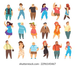 Set of plus size people. Chubby overweight men and women in fashion casual clothes. cartoon vector illustration