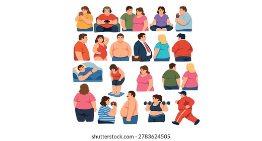 set of plus size people diverse lifestyle illustrations