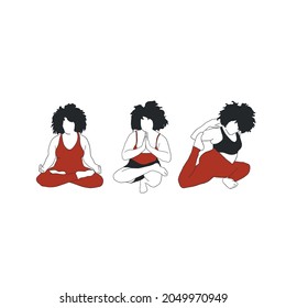 Set plus Größe Frau mit verschiedenen Yoga-Asanas. Asana. Fitness und Stretching. Handgezeichnete weibliche Umrisssilhouette. Meditationsgeist. Spirituelles Konzept. 