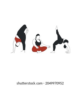 Poner a una mujer más grande haciendo varias asanas de yoga. Asana. Fitness y stretching. Silueta de contorno hembra dibujada a mano. La mente de la meditación. Concepto espiritual. 