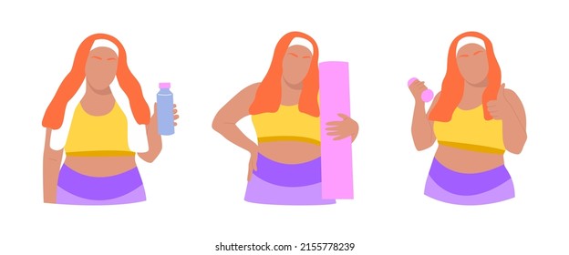 Set of plus size woman in a sports uniform holding dumbbell, yoga mat, water. Healthy lifestyle, keeping fit, workout, motivation, sport. Body positive woman. Hand drawn flat vector illustration