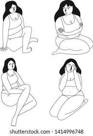 Set of plus size women. Body positive concept. Black and white vector illustration.