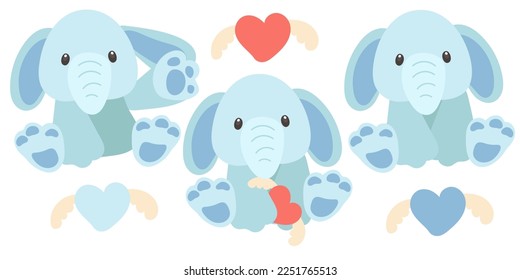 A set of plush blue elephant in different poses. With a toy in his hands, a heart with wings. Birthday, Valentine's Day, a holiday gift for a girl, a child. Banner. Vector illustration