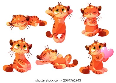 Set of plush tigers, baby toy, cute animal cub character, funny mascot with kawaii muzzle sleep on back, holding heart, sitting and lying. Cartoon wild kitten with orange striped skin, Vector icons