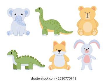 Conjunto de juguete de peluche. Conejo, perro, dinosaurio, oso de peluche y elefante. Entretenimiento, diversión y ocio. Mascotas lindas para los niños. Colección plana del Vector aislada en el fondo blanco