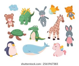 Set of plush toys for infants and kids. Cute animal toys for children. Isolated vector illustrations on white background. Rabbit, giraffe, turtle, whale, unicorn, cat, teddy bear, crocodile, fish.