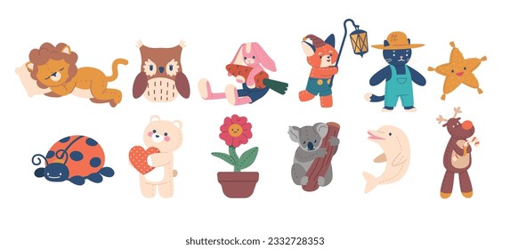 Set Plush Toys Lion, Owl, Rabbit And Fox. Cat, Star, Lady Bug And Bear With Heart. Flower In Pot, Koala, Deer, Dolphin