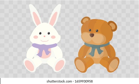 Set of plush toys on a transparent background. Brown teddy bear. White soft bunny. Vector illustration.