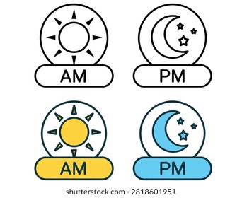 Set of am and pm time icons with sun and moon symbols for digital clock interface design elements