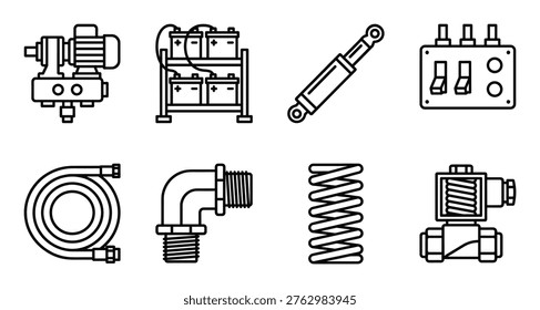 Set of pneumatic system components outline vector icons, pump, battery, hose, manifold, switch, spring.
