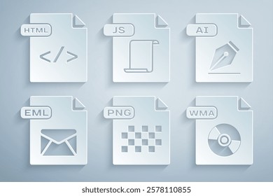 Set PNG file document, AI, EML, WMA, JS and HTML icon. Vector