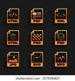 Set PNG file document, SVG, MP3, PSD, JPG and HTML icon. Vector