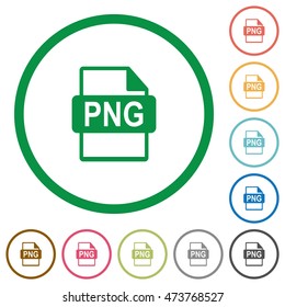 Set of PNG file format color round outlined flat icons on white background