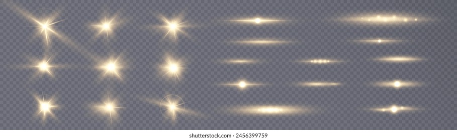 Set of PNG light effects. A flash of warm light, a star on a transparent background. Sun, summer. light sunlight. Vector