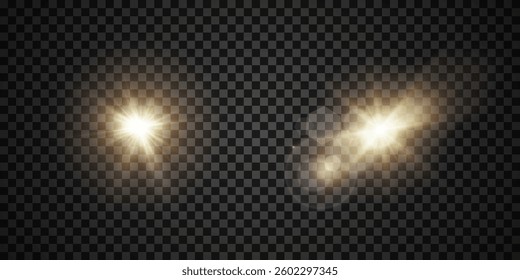 Set of PNG light effects. A flash of warm light, a star on a transparent background. Sun, summer. light sunlight. Vector