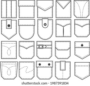 Set of pocket patches. Outline elements for uniform or casual style clothes, dresses and shirts. Line vector illustration on white background