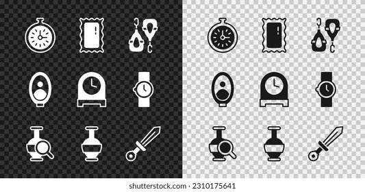 Set Pocket watch, Big full length mirror, Earrings, Ancient amphorae, Medieval sword, Portrait picture museum and Antique clock icon. Vector