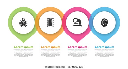 Set Pocket watch, Big full length mirror, Old gramophone and Gem stone. Business infographic template. Vector