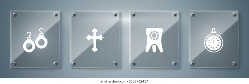 Set Reloj de bolsillo, diente con diamante, cruz cristiana y pendientes. Paneles de vidrio cuadrados. Vector