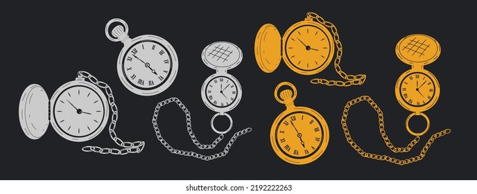 Juego de relojes de bolsillo en plata y oro. Vector al estilo de las caricaturas. Todos los elementos están aislados