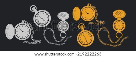 Set of pocket watches in silver and gold. Vector in cartoon style. All elements are isolated