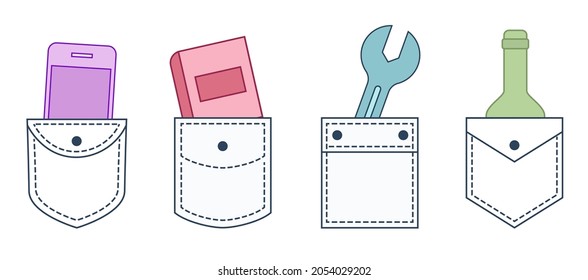 A set of pockets with items: a mobile phone, a bottle, a book, a wrench.