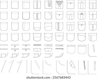 Set of pockets for technical fashion illustration. Different types of pocket in editable vector.