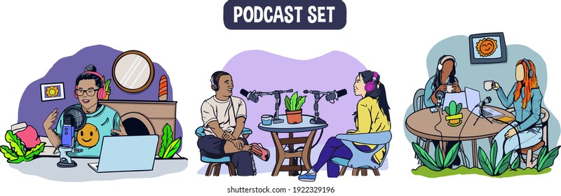 Set of Podcast Activities with various Images, broadcast  recording with podcaster gestures. Stylized hand drawn Vector illustration for Mobile Application or web sites and banner design