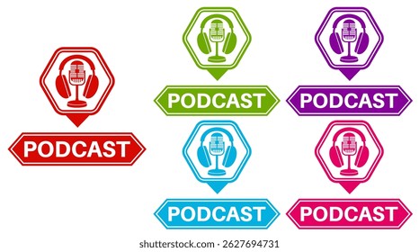 set podcast badge labels icon. podcast recording sticker label design illustration