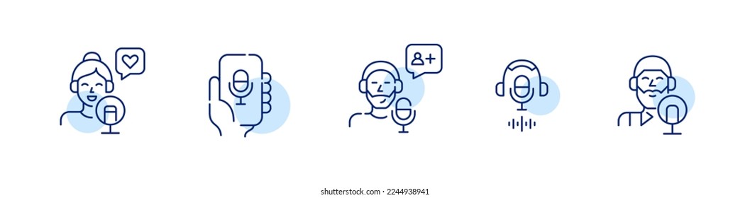 Set of podcast blogger icons. Pixel perfect, editable stroke designs