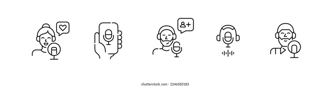 Set of podcast blogger icons. Pixel perfect, editable stroke line designs