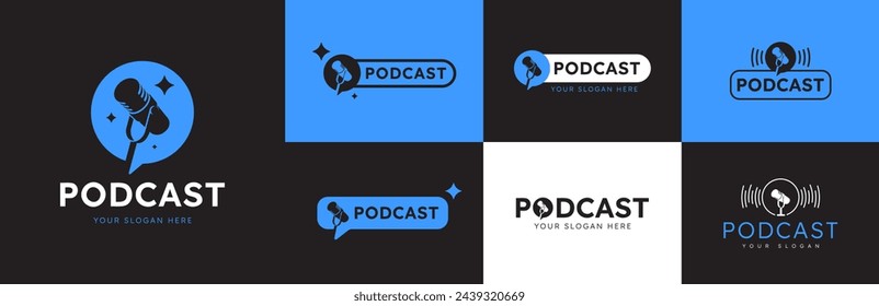 set podcast bubble chat microphone logo icon design