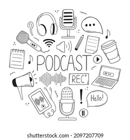 Conjunto de doodle Podcast en forma de círculo. Equipo de podcast: micrófono, laptop, grabadora de voz, botón de reproducción, altavoz con estilo de esbozo.  Ilustración vectorial dibujada a mano aislada en fondo blanco