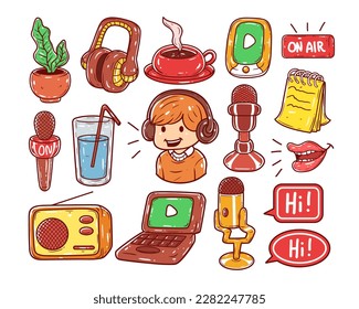 Set of podcast element hand-drawn illustration. Podcast vector illustration. Mic, laptop, drink, on air sign, headset, radio, microphone, coffee cup.