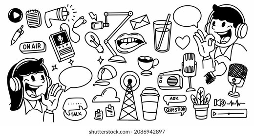 Set of podcast elements in childish doodle hand drawn style isolated on white background.
