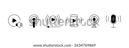 Set of Podcast icon collection. Webcast, broadcast, audio, channel, video symbol.